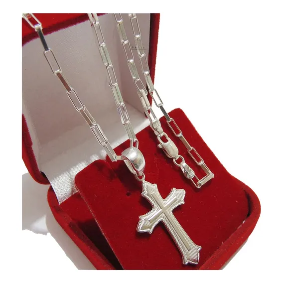 Corrente Masculina De Prata Cadeado Pingente Crucifixo Cruz Foto 1