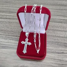 Corrente Masculina De Prata Cadeado Pingente Crucifixo Cruz Foto mini  2
