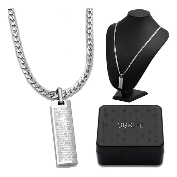 Corrente Masculina Pingente Placa Pai Nosso J-1377 Aço Inox Cor Prata Foto 1