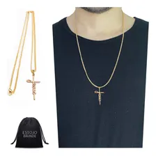 Corrente Ouro Banhado Masculino Colar Pingente Jesus Cruz Cor 80cm Foto mini 1