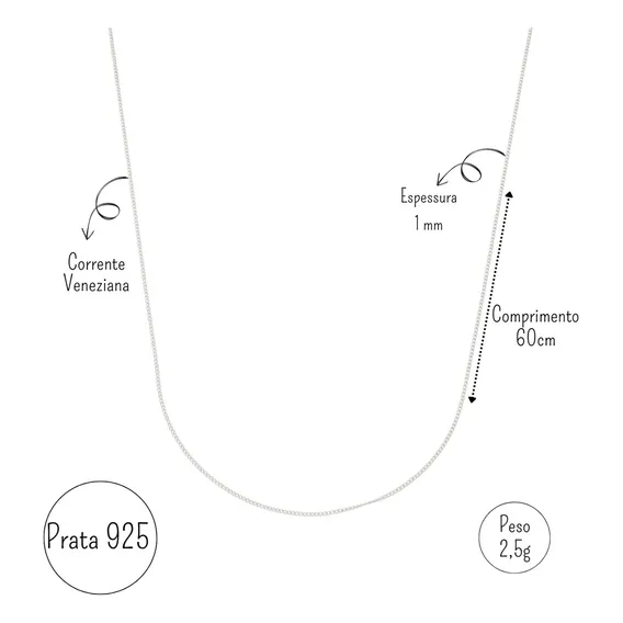 Corrente Prata 925 Cordão Masculino Veneziana Fina 60cm Top Foto 1