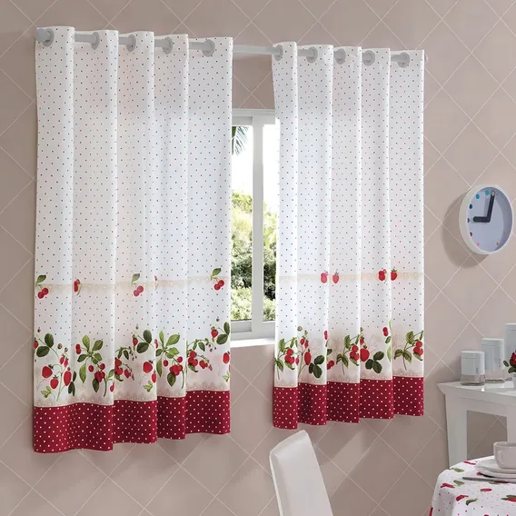 Cortina Cozinha Estampada Varão Eva Ivana 2,00x1,20m Dohler Cor IOLANDA - Branco/Vermelho Foto 1