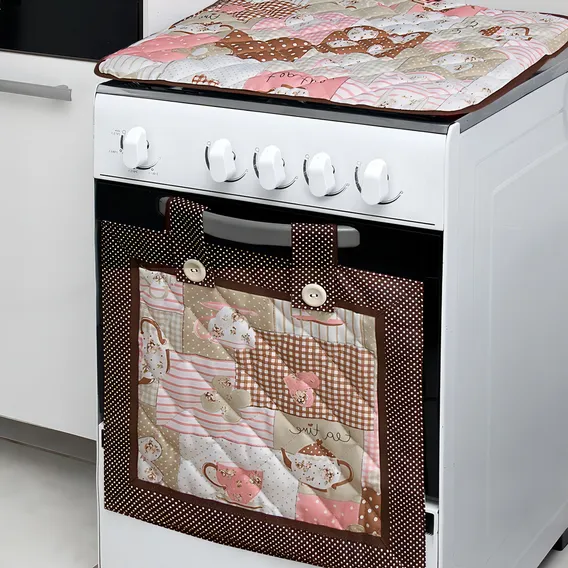 Cortina Forno + Capa P/ Tampa Fogão 4 Bocas -lindas Estampas Cor Café Paris Foto 1