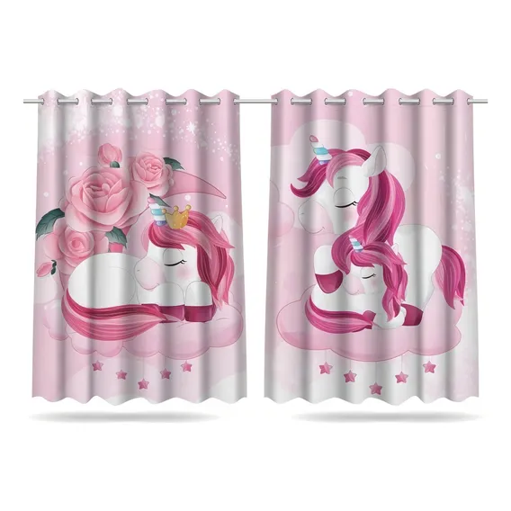 Cortina Infantil Quarto Criança Unicórnio Mod 02 2,60x1,50m Cor Rosa Foto 1
