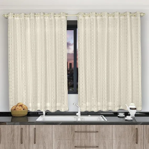 Cortina Voil 2,80x1,40 Forro Microfibra Cozinha Sala Quarto Cor Xadrez Pérola Foto 1