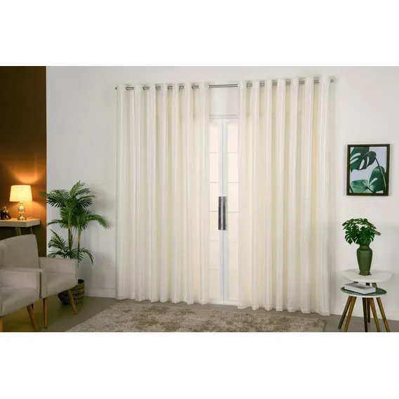 Cortina Voil Xadrez 4x2,50 C/forro Microfibra P Varão Palha Foto 1