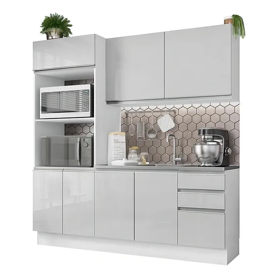 Cozinha Compacta Madesa 100% Mdf Acordes Glamy 8 Portas Acabamento do móvei Pintura Poliéster de Alta Resistência Cor Branco/Rustic Foto 1