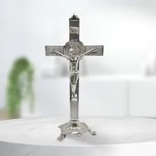 Crucifixo De Parede De Metal Cruz Mesa Prata Lindíssima 20cm Foto mini 3