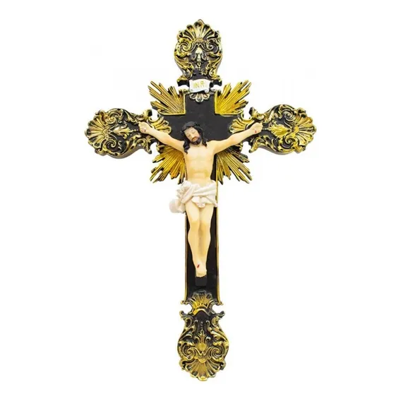 Crucifixo De Parede Jesus Cruz 39cm - Enfeite Resina Cor Dourado Foto 1