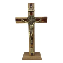 Crucifixo Mesa Madeira Frisada Cristo Metal 26cm São Bento Foto mini 1