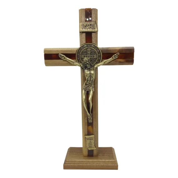 Crucifixo Mesa Madeira Frisada Cristo Metal 26cm São Bento Foto 1