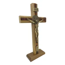 Crucifixo Mesa Madeira Frisada Cristo Metal 26cm São Bento Foto mini 2
