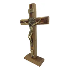 Crucifixo Mesa Madeira Frisada Cristo Metal 26cm São Bento Foto mini 3