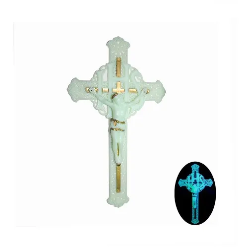 Crucifixo Para Parede Fluorescente Dourado Jesus Cristo Foto 1