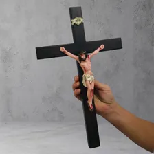 Crucifixo Parede Madeira Cristo Em Resina Grande 40 Cm Foto mini 4