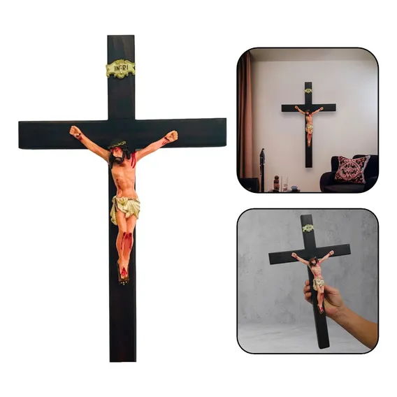 Crucifixo Parede Madeira Cristo Em Resina Grande 40 Cm Foto 1