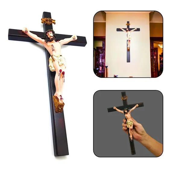 Crucifixo Parede Madeira Cristo Resina 33 Cm Foto 1