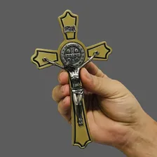 Crucifixo Parede Metal São Bento Dourado 17 Cm Foto mini 4