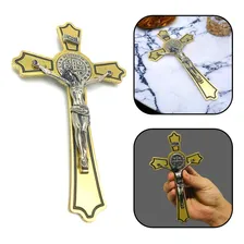Crucifixo Parede Metal São Bento Dourado 17 Cm Foto  mini 1