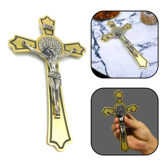 Crucifixo Parede Metal São Bento Dourado 17 Cm Foto 1