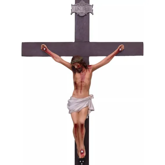 Crucifixo Parede Orat贸rio - Cristo Resina 30cm / Cruz 60cm Cor Creme-marrom Foto 1