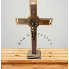 Cruz Crucifixo Base Madeira Metal Medalha Cruz Sagrada 28cm Foto mini  2