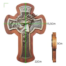 Cruz Madeira Nobre Crucifixo Parede Porta Jesus Cristo Inri Cor Dourado-escuro Foto mini 3