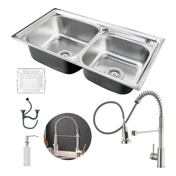 Cuba Dupla De Pia Completa Com Acessórios Cozinha Bancada Gourmet Torneira Monocomando Extensível Cor Prata Acabamento Cromado Brilhante Aço Inox Brinovar Foto 1