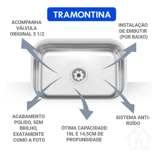 Cuba Tramontina Inox Pia Cozinha 47x30x14 + Combo Torneira Foto 1