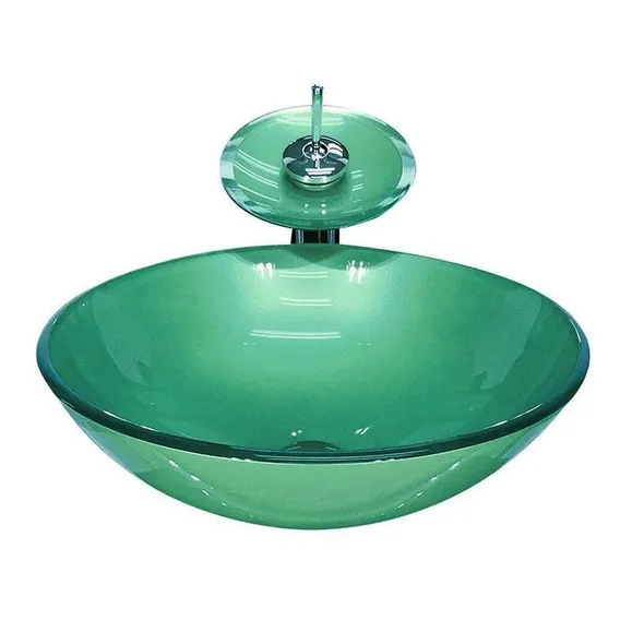 Cuba Vidro Redonda 42cm Verde + Válvula + Torneira Cascata Foto 1