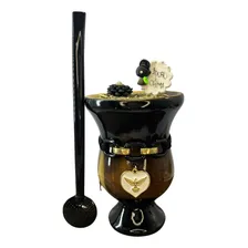 Cuia De Chimarrão Imbuia Grande Decorada + Bomba Aço Inox Foto mini 1