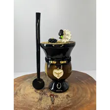 Cuia De Chimarrão Imbuia Grande Decorada + Bomba Aço Inox Foto mini 2