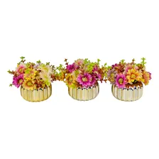 Decoração 3 Mini Vasinhos Cerâmica E Flor Artificial Enfeite Cor Dourado Mini Vasinho Foto mini 1