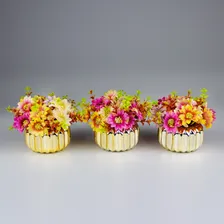 Decoração 3 Mini Vasinhos Cerâmica E Flor Artificial Enfeite Cor Dourado Mini Vasinho Foto mini 4