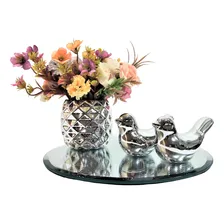 Decoração Sala Vasinho Com Flor Artificial, Bandeja Espelho Cor Prata Foto mini 2