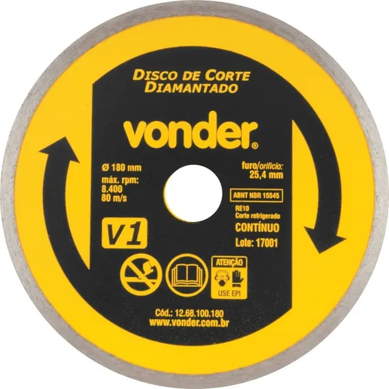 Disco Corte Diamantado 7 Pol 180 Mm X 22 Mm Contínuo Vonder Foto 1