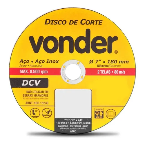 Disco Corte Fino Aço Inox Vonder 7 Polegadas 180mm 8500 Rpm Foto 1
