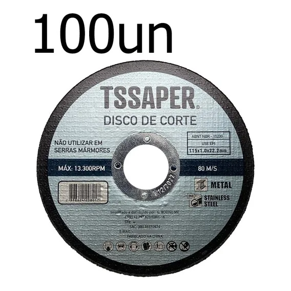 Disco De Corte Inox 4.1/2 X 1mm X 22mm Tssaper Com 100 Peças Cor Preto Foto 1