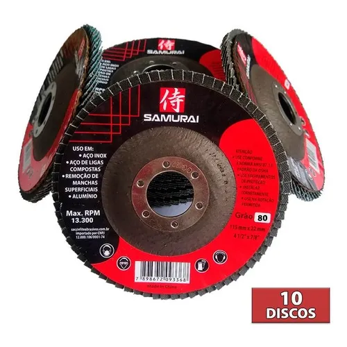 Disco Flap 80 Lixa 115mm 22mm Esmerilhadeira 10 Pç Samurai Cor FIBRA G80 Foto 1