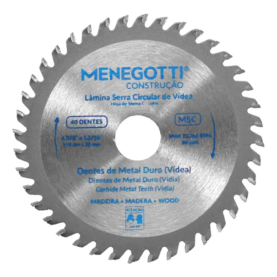 Disco Serra Circular Vídea (110mm) 40 Dentes Msc Menegotti Cor Prateado Foto 1