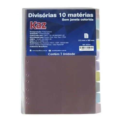 Divisoria Para Fichario Universitario 10 Div. Pvc Cores Foto 1