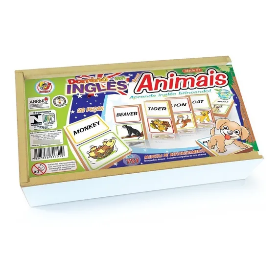 Dominó Educativo Animais Em Inglês Estojo Brinquedo Infantil Foto 1