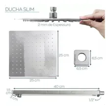 Ducha Chuveiro 25x25 Inox Slim Quadrado Braço 40cm Foto mini 2