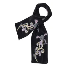 Echarpe Cachecol Pashmina Xale Manta Moda Bordado Flores Cor Preto / Cinza Foto mini 3