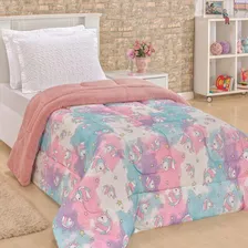 Edredom Coberdrom Unic贸rnio Solteiro Dupla Face Malha - Rosa Foto mini 1