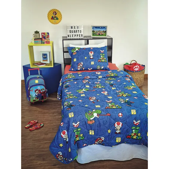 Edredom Infantil Solteiro Super Mário Licenciado Lepper Foto 1