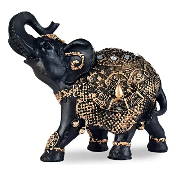 Elefante Indiano Da Sorte M Preto Com Manto Dourado -resina Foto 1