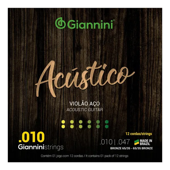 Encordoamento Violão Aço 12 Cordas 010 Acústico Giannini Foto 1