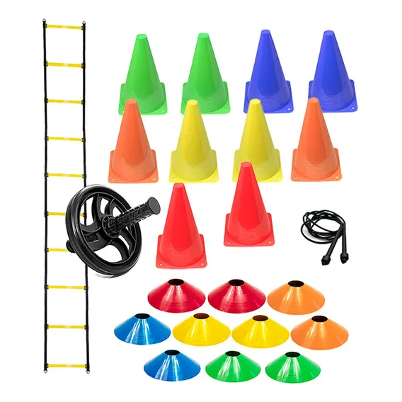 Escada Ajustável Funcional + 10 Cones Agilidade + 10 Pratos + Roda Abdominal Funcional + Corda De Pular Foto 1