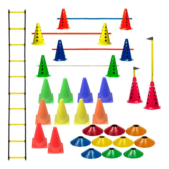 Escada Funcional + 10 Cones Furados C/ 5 Barreiras + 10 Cones Lisos De Agilidade + 10 Pratos Foto 1